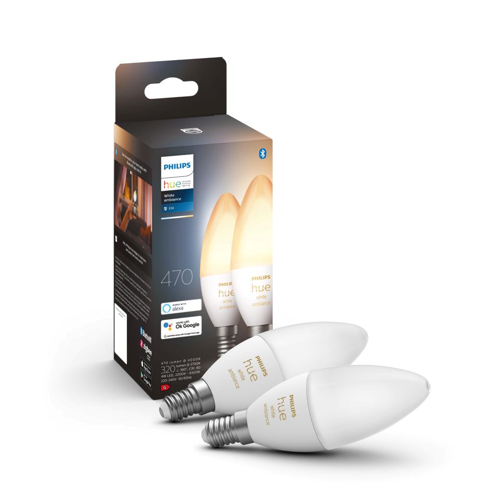 Philips Hue white ambiance E14-älylamppu, 5.2W, 470lm, 2-pack